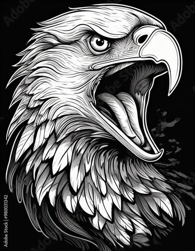 Portrait of an eagle's head in the forest, illustrated with black lines.
