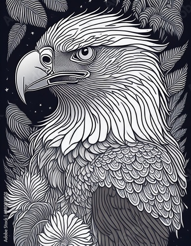 Portrait of an eagle's head in the forest, illustrated with black lines.
