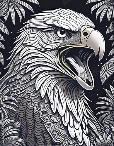 Portrait of an eagle's head in the forest, illustrated with black lines.