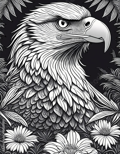 Portrait of an eagle's head in the forest, illustrated with black lines.