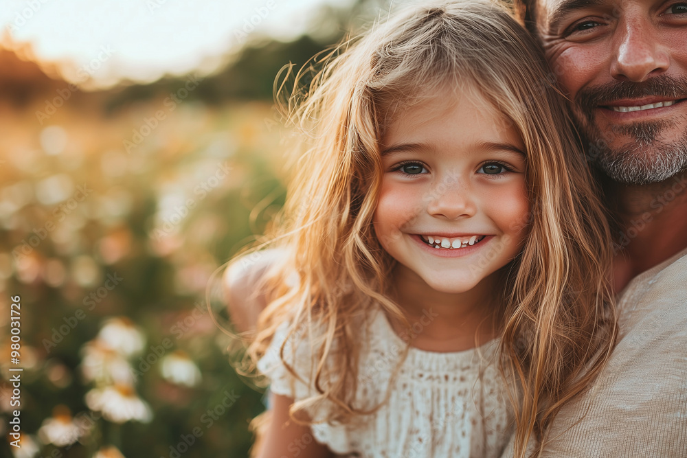 Smiling Little Girl with Father in a Field of Flowers Smiling Little Girl with Father in a Field of Flowers
