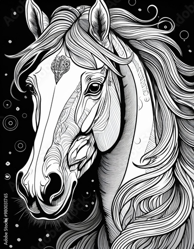 horse head portrait illustrated with black lines on black background