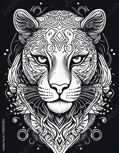 tiger head portrait illustrated with black lines on black background