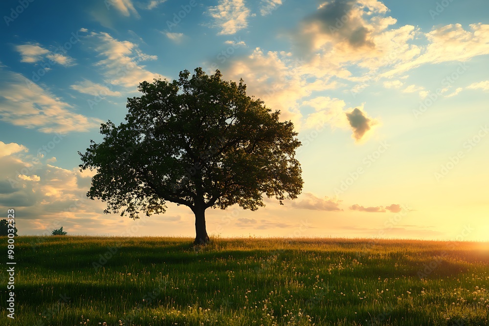Single tree silhouette in grassy field at sunset with blue sky and clouds. Nature, landscape, environment, growth, hope concept Single tree silhouette in grassy field at sunset with blue sky and clouds. Nature, landscape, environment, growth, hope concept