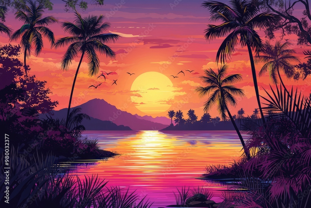 Obraz premium Tropical Sunset over a Calm Ocean with Silhouetted Palm Trees