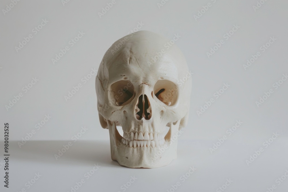 Eerie minimalist portrayal of a skull on white background Eerie minimalist portrayal of a skull on white background