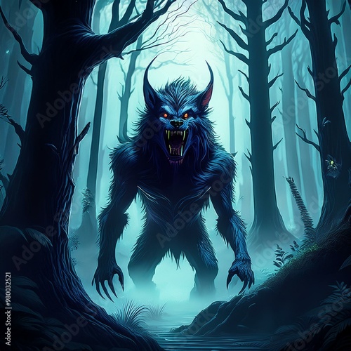 A scary forest with a werewolf