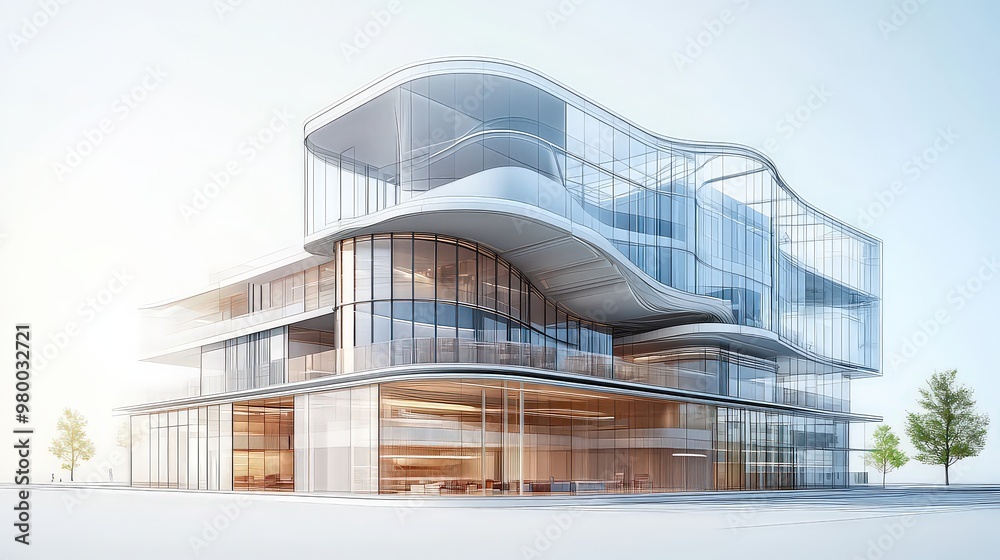 Futuristic architectural building with flowing glass curves, embodying modern innovation and bold design in a minimalist aesthetic. Futuristic architectural building with flowing glass curves, embodying modern innovation and bold design in a minimalist aesthetic.