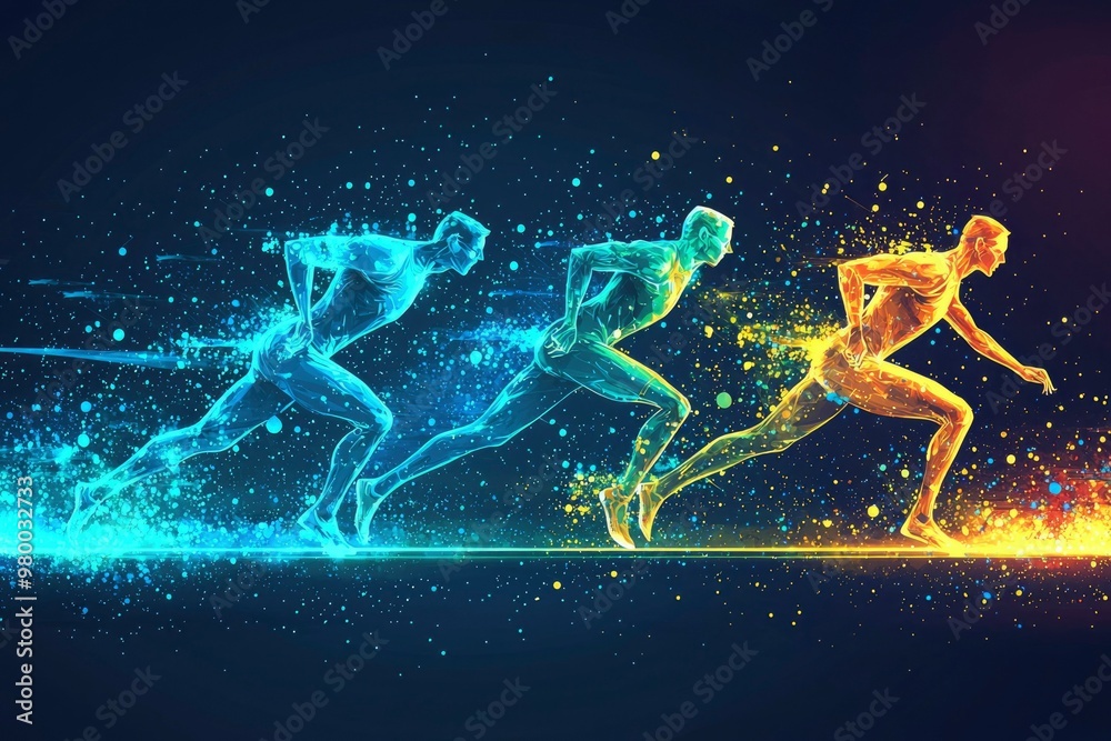 Fototapeta premium Three Abstract Runners in Motion with a Glowing Trail