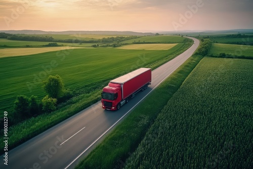 Aerial view of a truck on an asphalt road beside green fields for cargo delivery photo