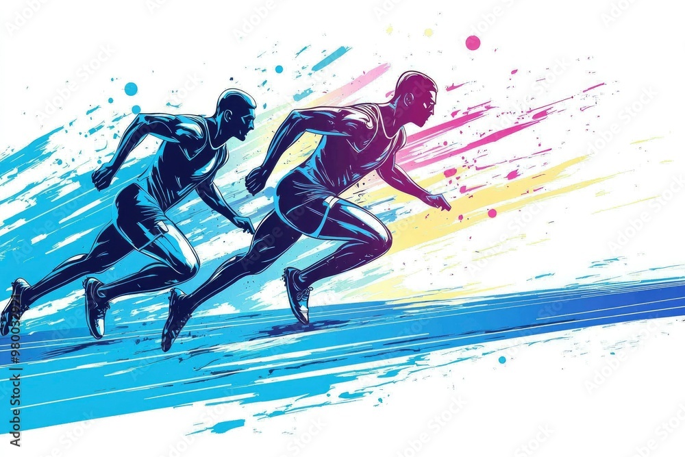 Two Silhouettes of Sprinters Racing on a Blue Track Two Silhouettes of Sprinters Racing on a Blue Track