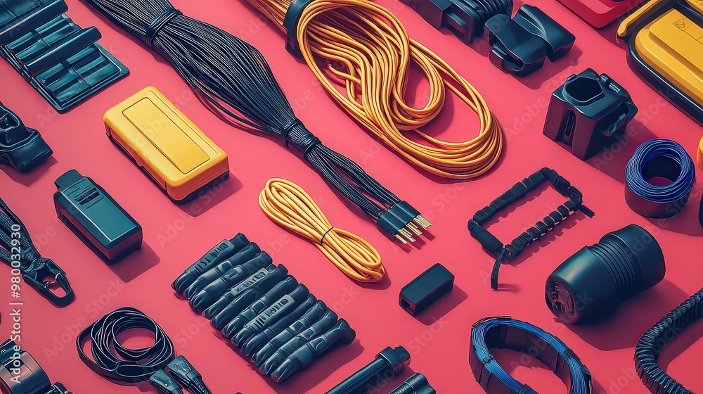 Organized layout of various cables and camera accessories on a colorful background, showcasing equipment for professional use. Organized layout of various cables and camera accessories on a colorful background, showcasing equipment for professional use.