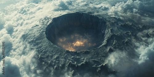 Aerial view of a dormant volcano with misty clouds and rugged landscape photo