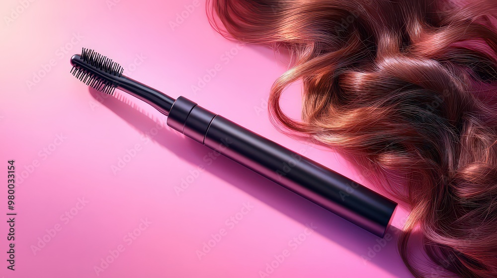 Naklejka premium Stylish hairbrush placed on a vibrant background next to soft flowing locks, representing daily haircare essentials.