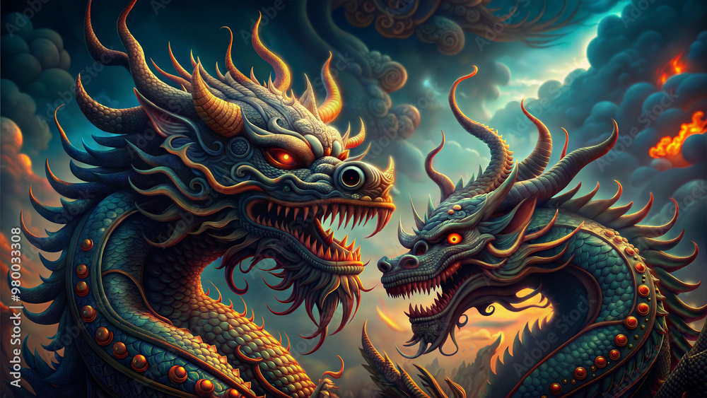 Two fierce dragons facing each other in a dramatic sky Two fierce dragons facing each other in a dramatic sky