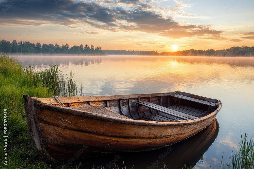 aged timber vessel by the lake at dawn in summer aged timber vessel by the lake at dawn in summer