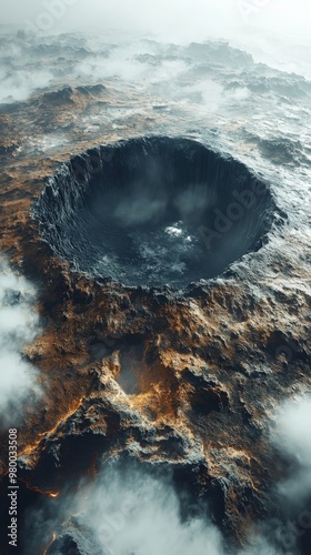 Aerial view of a dormant volcano with misty clouds and rugged landscape photo