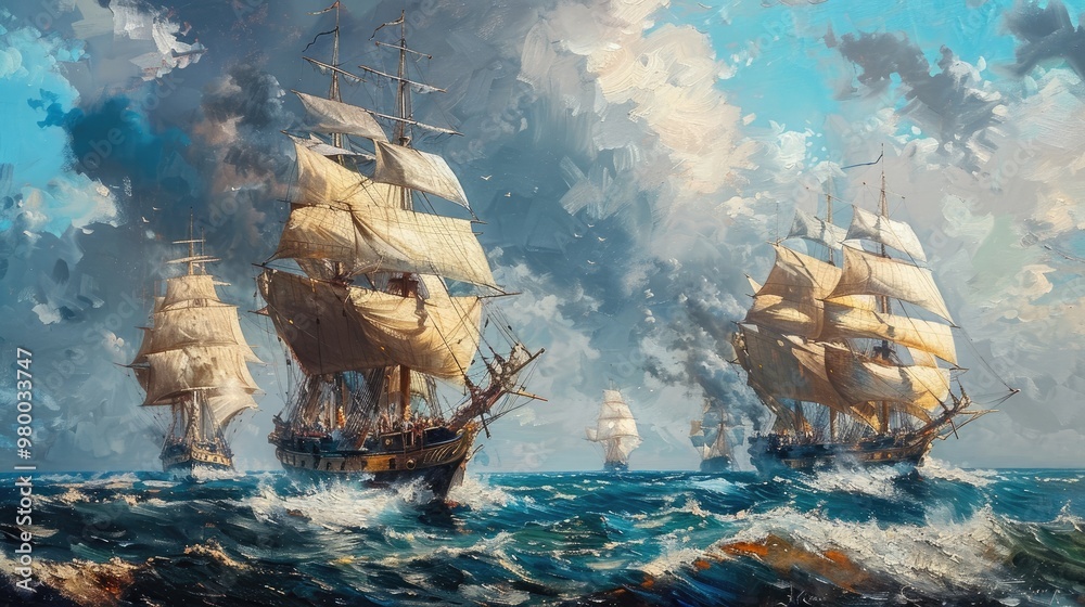 Dramatic seascape featuring a fleet of majestic tall sailing ships with ...