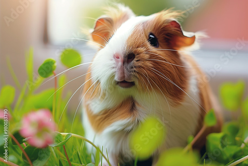 Cute guinea pig on a grassy windowsill with sunlight and whiskers, perfect for a pet-friendly nature portrait photo