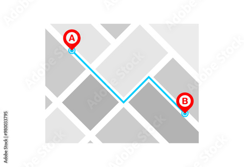 Map icon with red pin showing distance start from point A TO B demonstrartion address  and route planning. street  an blocks address.concept