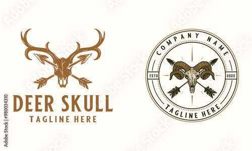 set deer skull head logo design. deer head concept with arrow in cross. perfect for hunting