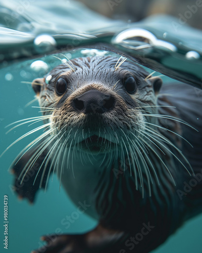 Close up of a playful otter swimming underwater, showcasing its whiskers and aquatic nature photo