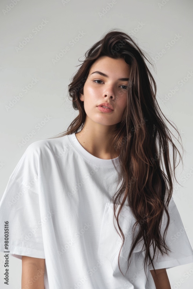 Stylish mockup of a plain white oversized t-shirt on a young woman, ideal for branding and design Stylish mockup of a plain white oversized t-shirt on a young woman, ideal for branding and design