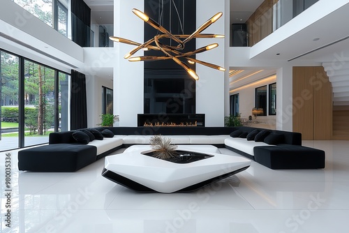 A bold chandelier with asymmetrical arms, making a statement in a minimalist white and black living room photo