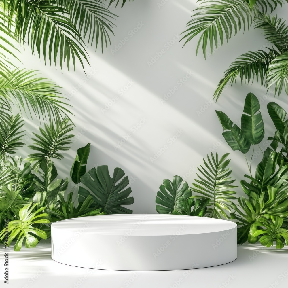 white podium with tropical leaves on a white background white podium with tropical leaves on a white background