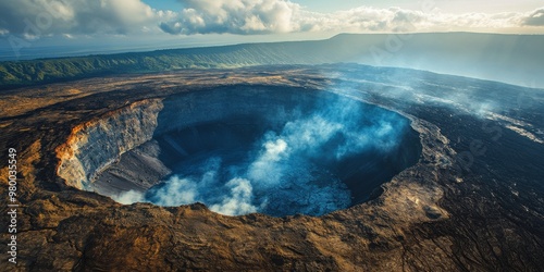 Aerial view of a dormant volcano with misty clouds and rugged landscape photo