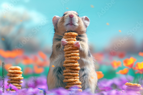 Cute hamster stacking cookies in colorful flower garden during spring