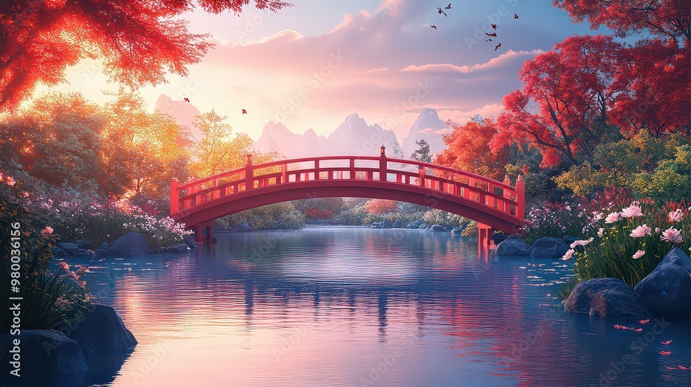 Obraz premium Stunning red bridge over a peaceful river at sunset, surrounded by vibrant trees. Captures the beauty of nature in full bloom.