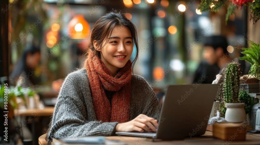 Creative Smiling Young Woman Working on Laptop in Cozy Cafe with Warm Lighting and Plants. Creative Smiling Young Woman Working on Laptop in Cozy Cafe with Warm Lighting and Plants.