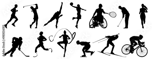 Silhouettes of men, women, disabled people engaged in various sports.The concept of adaptive sports. Group of athletes playing basketball, tennis, hockey, golf, biathlon, running, gymnastics. Vector i