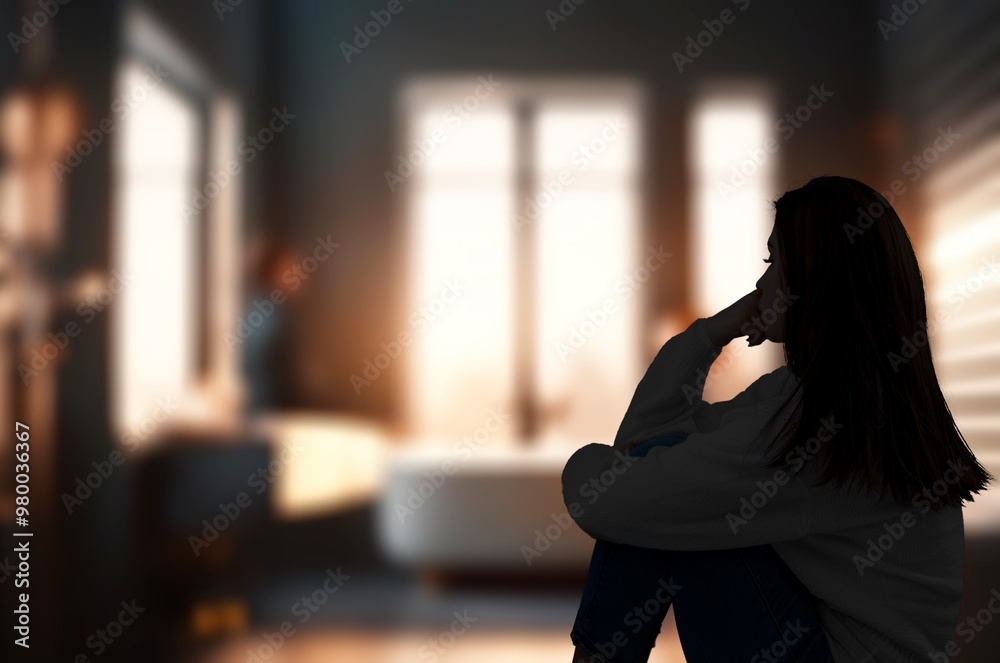 Obraz premium Silhouette depressed sad woman sitting in the bedroom.