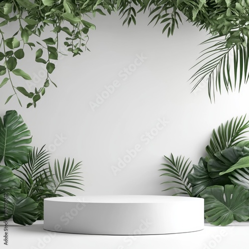 white podium with tropical leaves on a white background "ai generated"