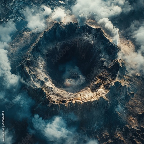 Aerial view of a dormant volcano with misty clouds and rugged landscape photo