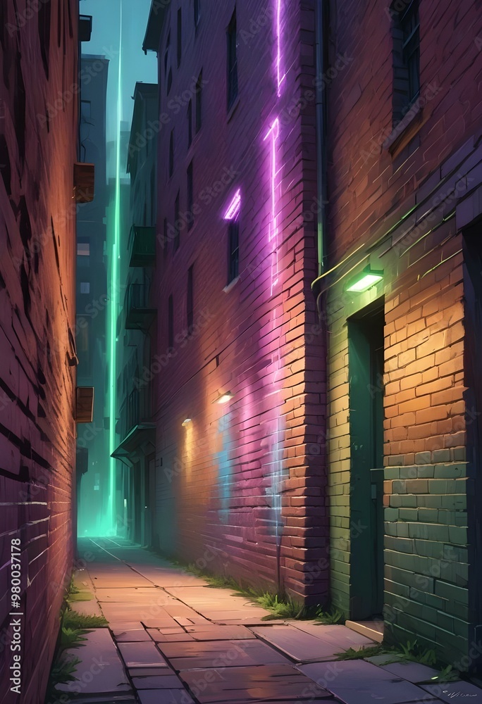 Fototapeta premium surreal and dreamlike, An industrial-style brick wall featuring intense green and purple lighting, with contrasting dark corners, creating depth and a sense of intrigue in the background., saturated, 