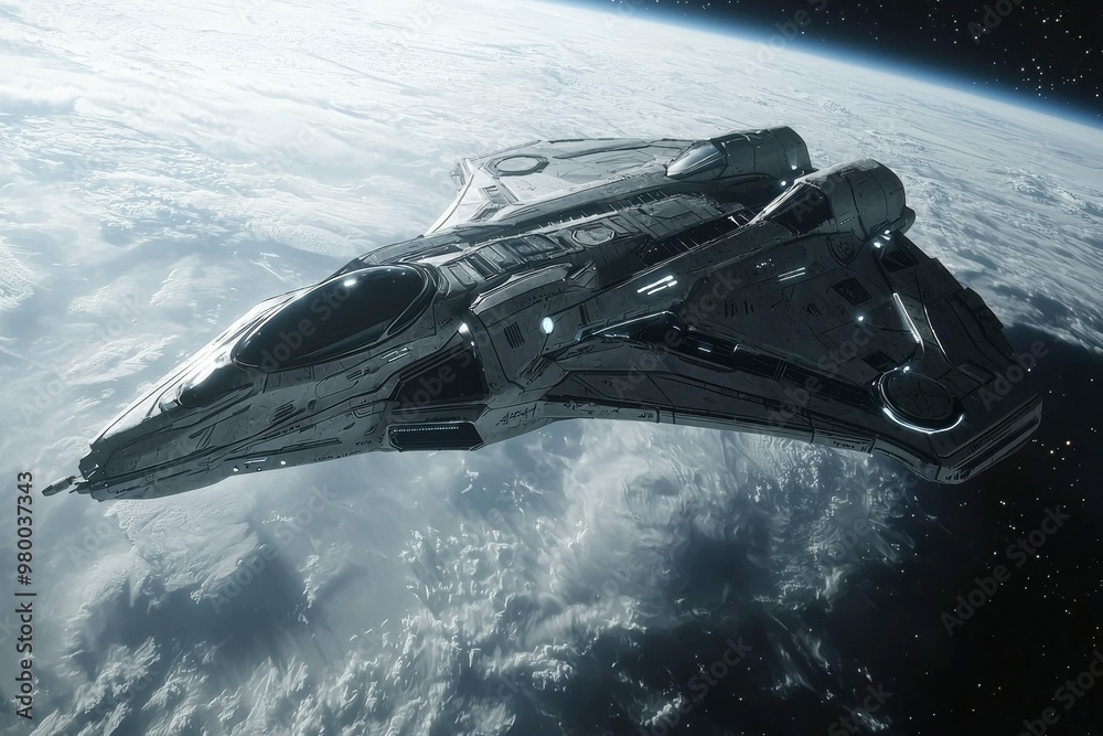 Futuristic Spaceship Soaring Over a Cloudy Planet Futuristic Spaceship Soaring Over a Cloudy Planet