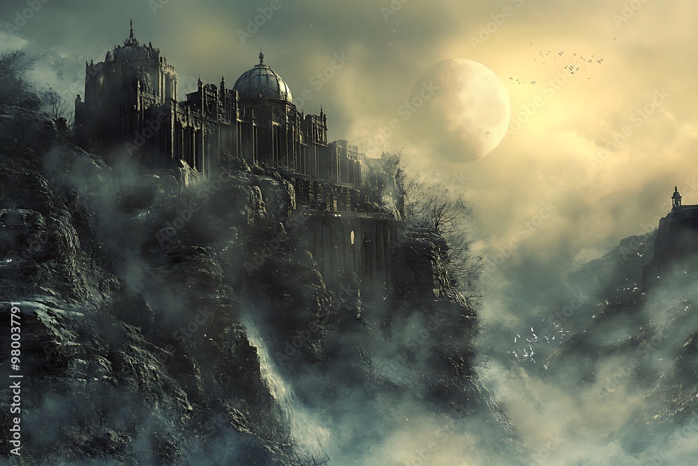 Fototapeta premium Fantasy City on Mountaintop with Dramatic Clouds and Fog