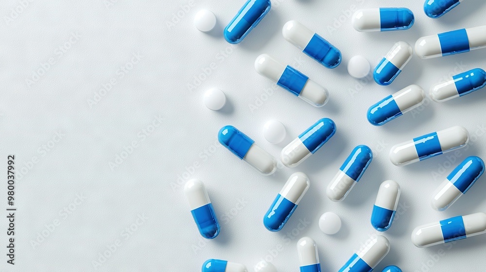 A cluster of blue-white pills stacked atop a white paper sheet A cluster of blue-white pills stacked atop a white paper sheet