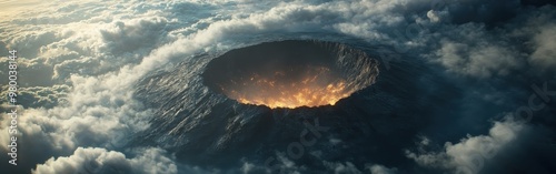 Aerial view of a dormant volcano with misty clouds and rugged landscape photo