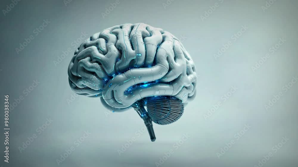 Cerebro artificial tecnológico estilo 3D con luces indicando actividad cerebral, en fondo con colores claros. 