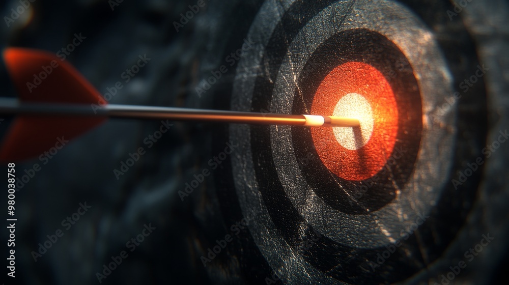 A close-up view of an arrow hitting the center of a target, representing precision and focus in achieving goals. A close-up view of an arrow hitting the center of a target, representing precision and focus in achieving goals.