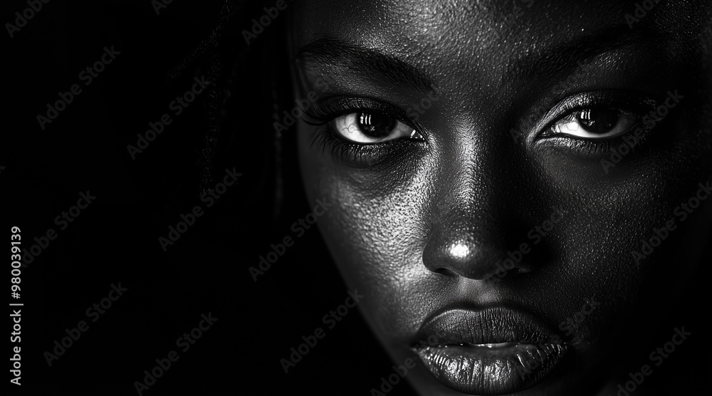 black and white portrait image of a black woman with a bruised eye. black background, instense contrast lighting black and white portrait image of a black woman with a bruised eye. black background, instense contrast lighting