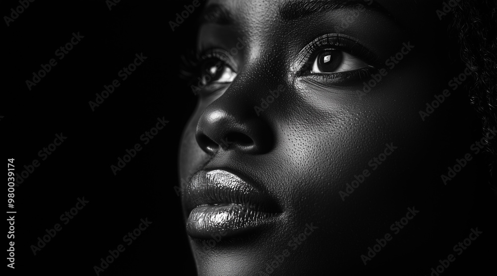 black and white portrait image of a black woman with a bruised eye. black background, instense contrast lighting