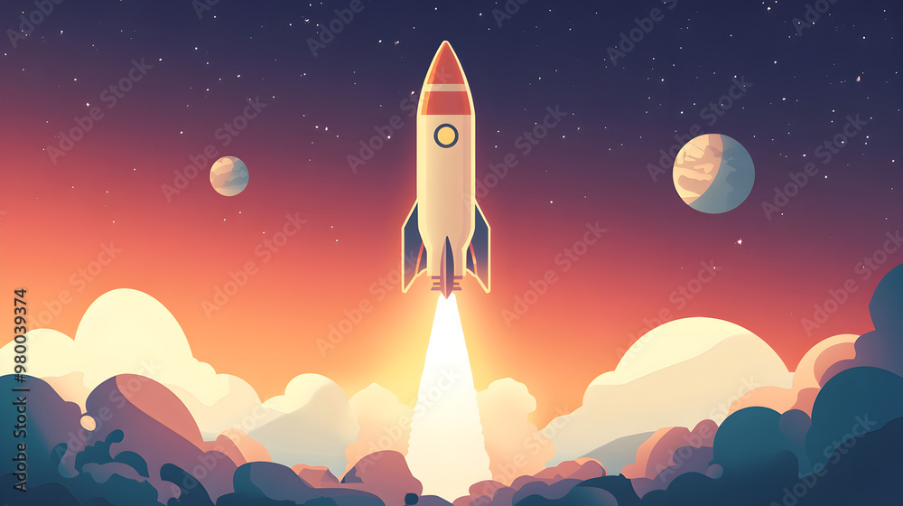 Fototapeta premium Rocket ship launching into space with a clear sky.