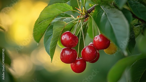 Wallpaper Mural   A cluster of cherries dangling from a tree with lush green foliage against a backdrop of vibrant yellow and red apples Torontodigital.ca