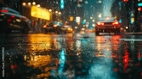 A vibrant urban scene with glowing reflections on wet pavement during a rainy night, showcasing cars and colorful lights.