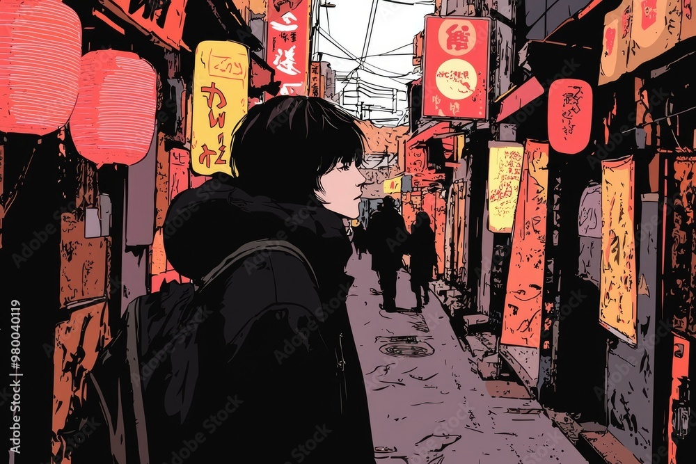 A Woman in a Black Jacket Stands in a Narrow Street Lined with Colorful Signs A Woman in a Black Jacket Stands in a Narrow Street Lined with Colorful Signs